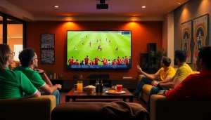 Experience live football with joemadfan.com featuring a vibrant sports streaming setup in a modern living room.