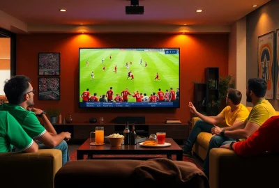 Experience live football with joemadfan.com featuring a vibrant sports streaming setup in a modern living room.