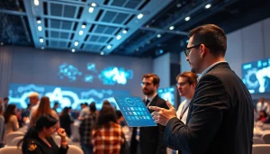 Innovative tech symposium showcasing 'ia +18' advancements with diverse attendees engaging with AI technology.