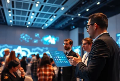 Innovative tech symposium showcasing 'ia +18' advancements with diverse attendees engaging with AI technology.