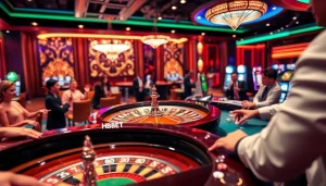 Captivating casino scene highlighting HBBET experience with roulette wheel, poker chips, and dynamic players.