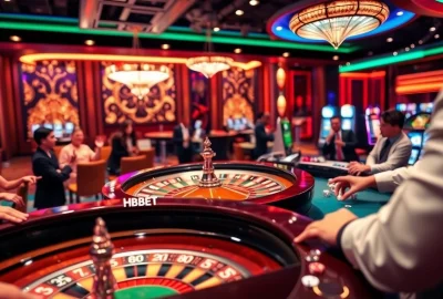 Captivating casino scene highlighting HBBET experience with roulette wheel, poker chips, and dynamic players.
