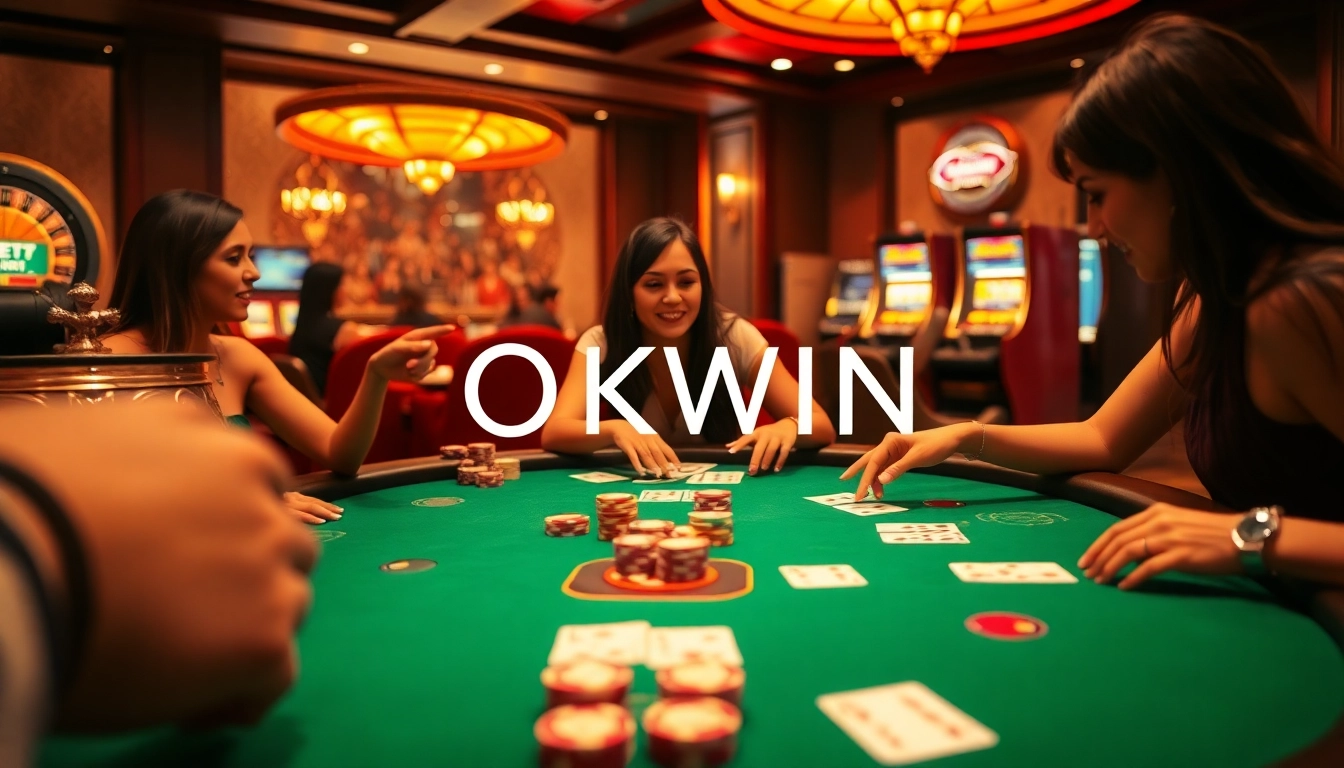 Players enjoying poker at OKWIN's luxurious casino night, with vibrant colors and thrilling atmosphere.