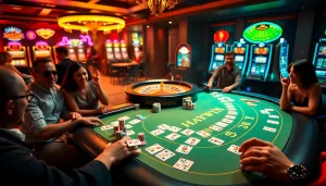 HAYWIN gaming table surrounded by excited players enjoying high-stakes gambling.