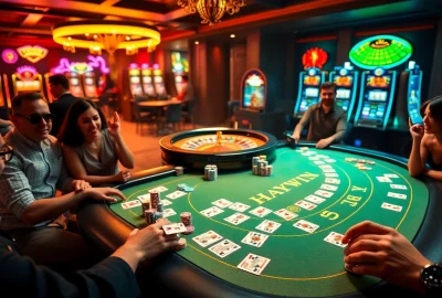HAYWIN gaming table surrounded by excited players enjoying high-stakes gambling.