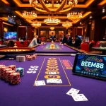 BEM88 gaming table with poker chips and cards, showcasing an exciting casino atmosphere.