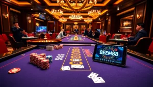 BEM88 gaming table with poker chips and cards, showcasing an exciting casino atmosphere.