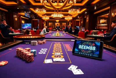 BEM88 gaming table with poker chips and cards, showcasing an exciting casino atmosphere.