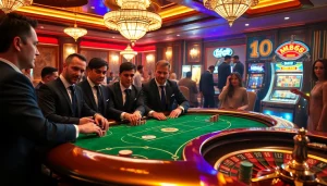 Players engaging in a high-stakes poker game at MB66 casino, surrounded by vibrant gambling elements.