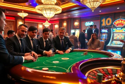 Players engaging in a high-stakes poker game at MB66 casino, surrounded by vibrant gambling elements.