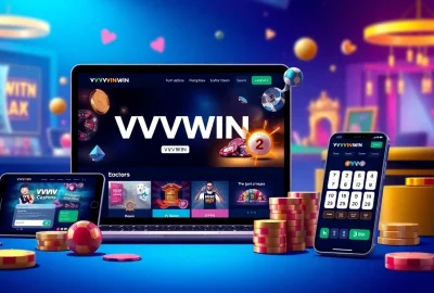 Engaging VVVWIN online gambling scene showcasing mobile app and casino games.
