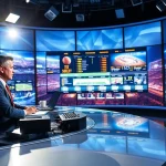 Dynamic sports broadcasting studio with an anchor presenting live sports highlights.