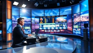 Dynamic sports broadcasting studio with an anchor presenting live sports highlights.