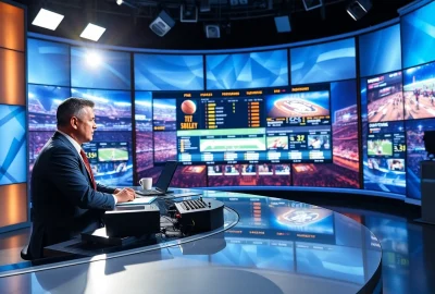 Dynamic sports broadcasting studio with an anchor presenting live sports highlights.