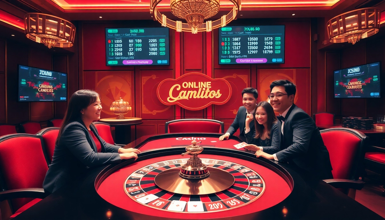 Exciting gambling scene at nhà cái jbo showcasing a luxurious casino with players at the poker table.