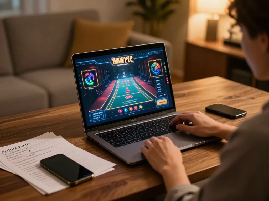 Nk88 player engaging in online casino with notes and laptop in a cozy setup.