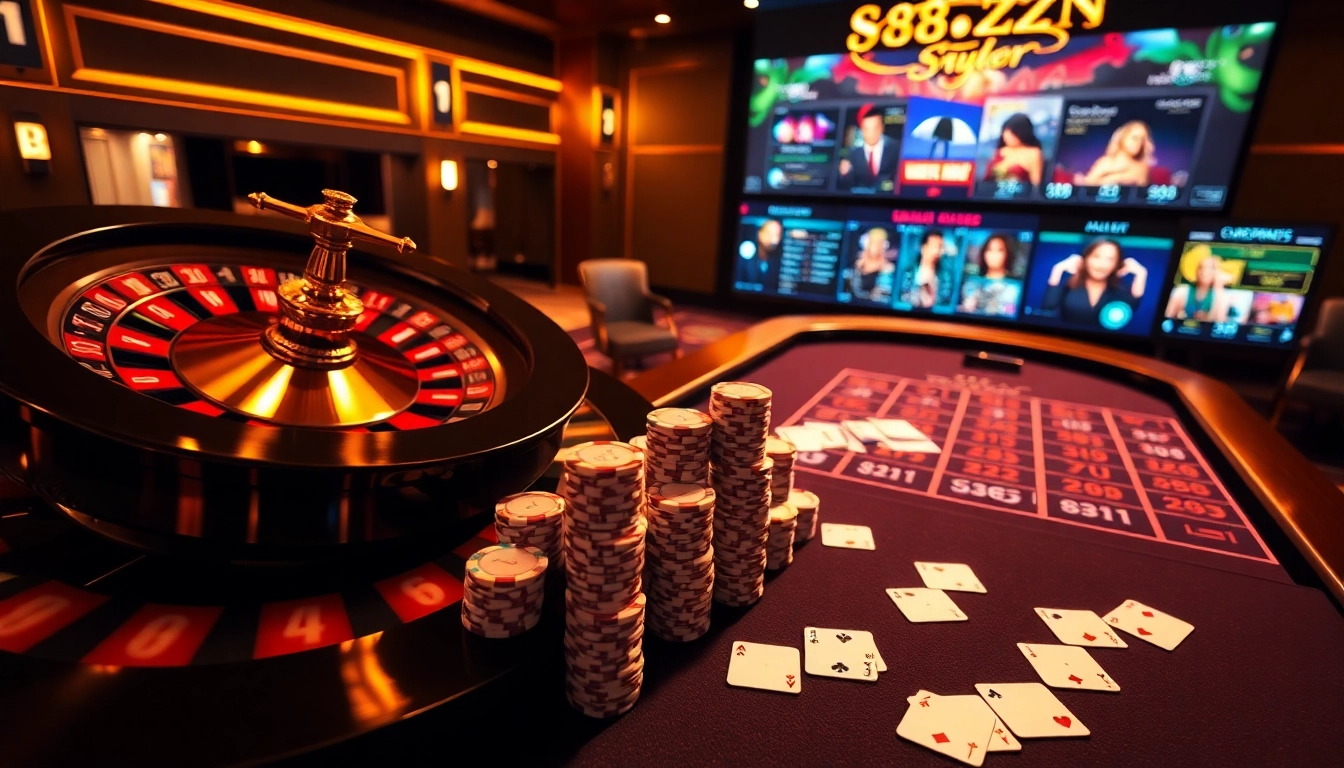 Experience thrilling gameplay at 58wim with vibrant casino tables, exciting poker chips, and roulette wheels.