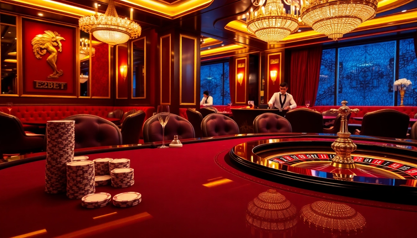 E2BET VIP players engaging in high-stakes poker at an elegant casino table, surrounded by luxury.