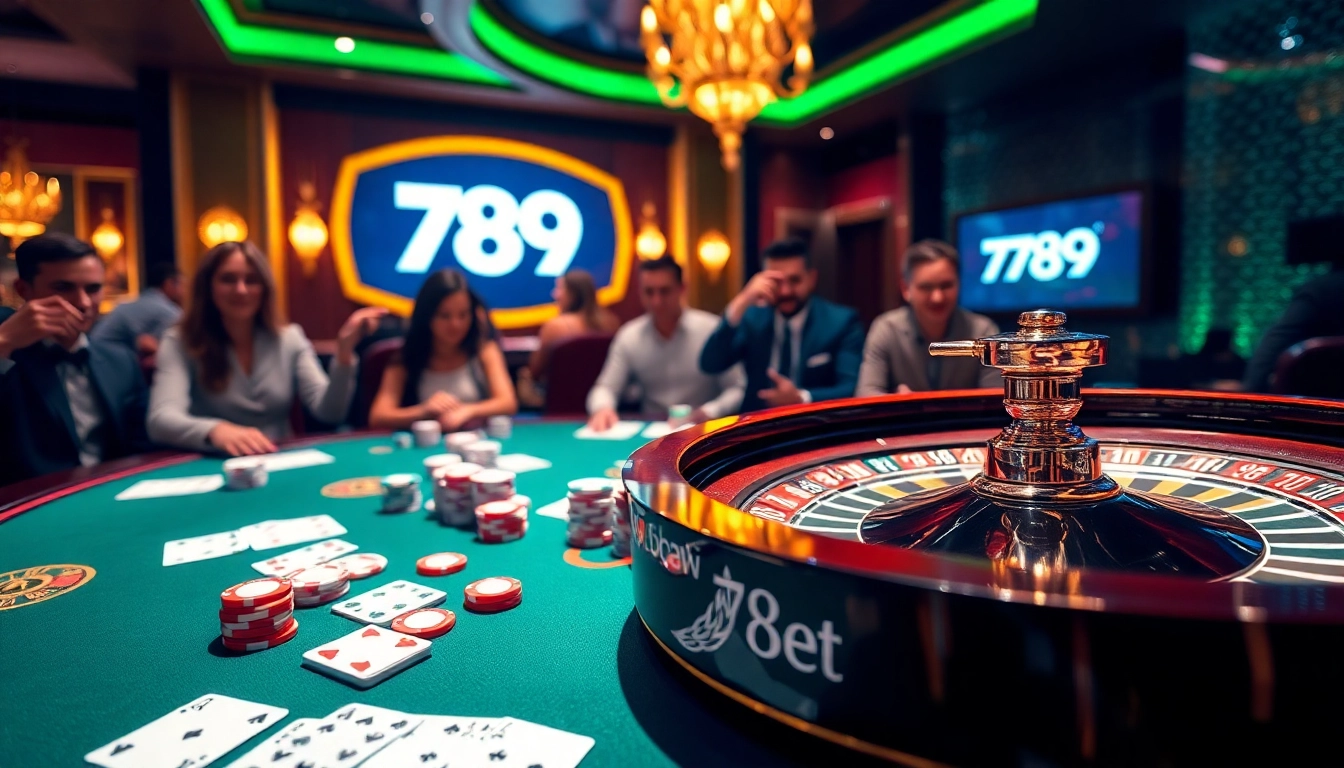 Gamblers enjoying a game at a glamorous casino with the 789 bet logo, showcasing poker chips and cards.