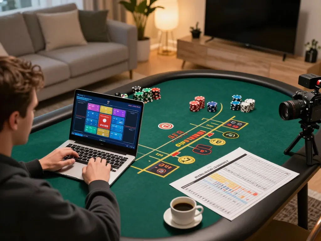 Player engaging in Hbet online poker, showcasing strategic gameplay in a cozy home setup