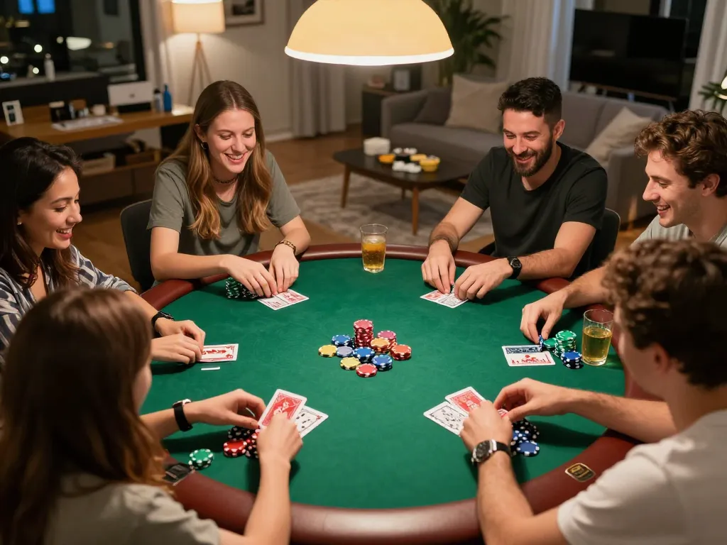 A group playing poker at home, engaged in gaming action at the 789win casino