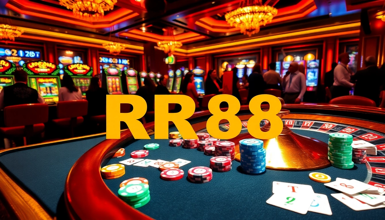 RR88 casino scene featuring poker chips and a roulette wheel in a luxurious setting.