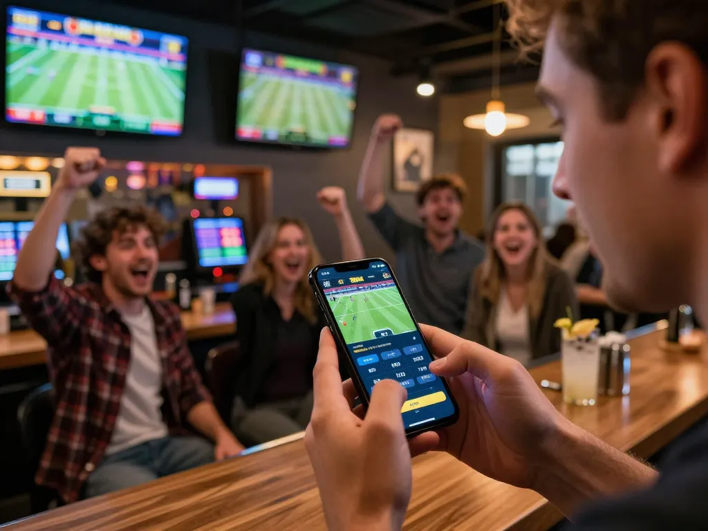 Placing bets with the 3Bet app during live sports event in an exciting sports bar environment