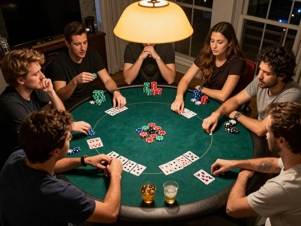 Players enjoying a home poker night with aud play 168 gaming strategy, showcasing excitement in a cozy atmosphere.