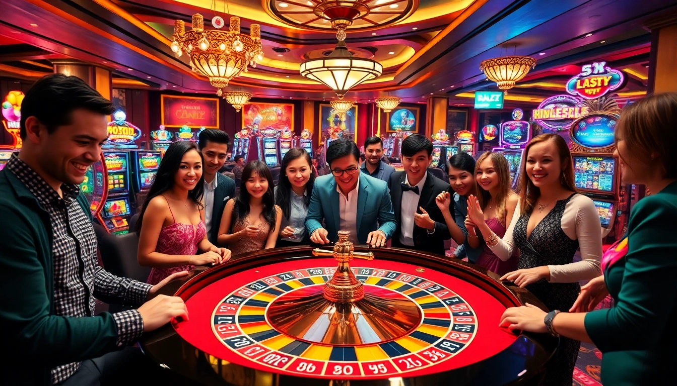 Players engaging in thrilling casino games at pg 88, surrounded by glamorous roulette and slot machines.