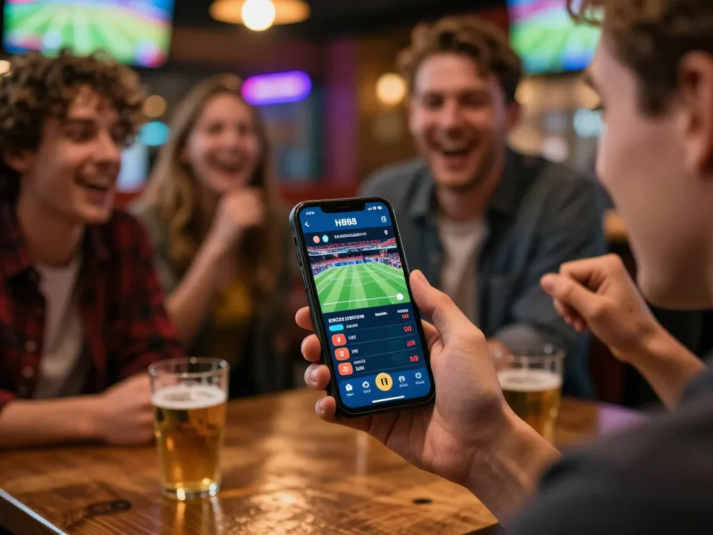 Engaging moment of a player using the HB88 app for live sports betting with friends.