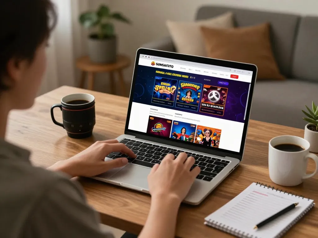 SUNGAITOTO user placing bets on a laptop, showcasing vibrant online casino games and strategic notes.