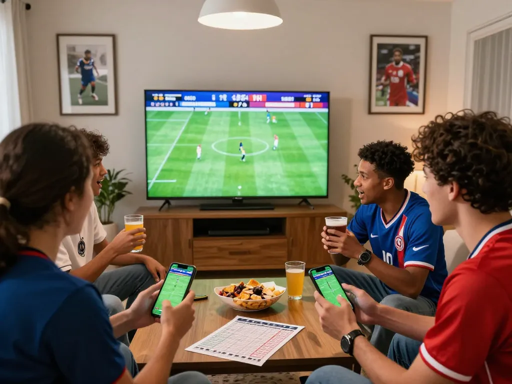 Exciting group of friends enjoying live sports betting at home, with v9bet apps displayed.