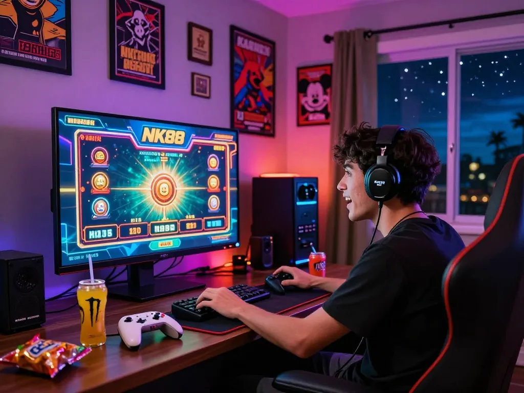 NK88 gaming scene with player immersed in colorful casino experience