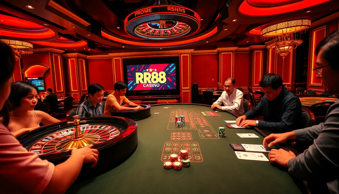 Players enjoying exciting games at RR88 casino with vibrant casino elements.