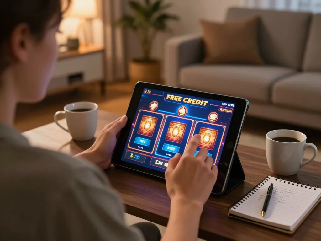 Playing free credit slot games on a tablet in a cozy living room setting with gaming strategy notes.