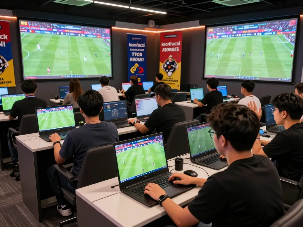Players engaged in live betting on football matches with keonhacai screens and excitement.