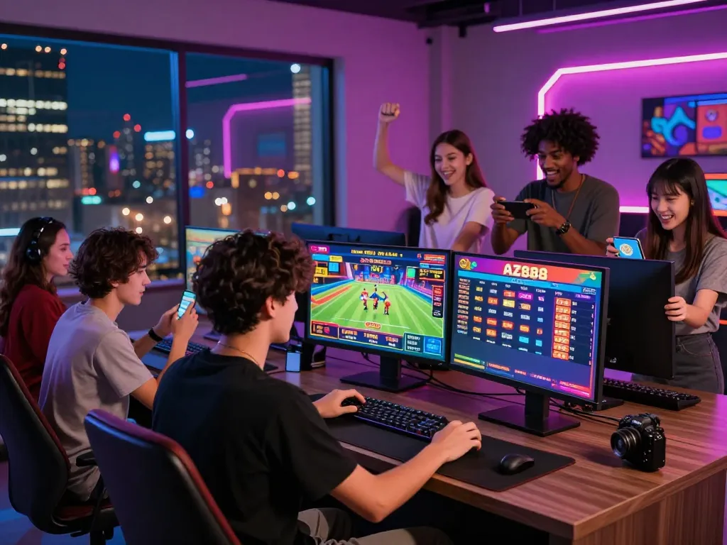 Exciting players experiencing link vào az888 at a modern gaming setup, showcasing vibrant atmosphere and engaging gameplay.