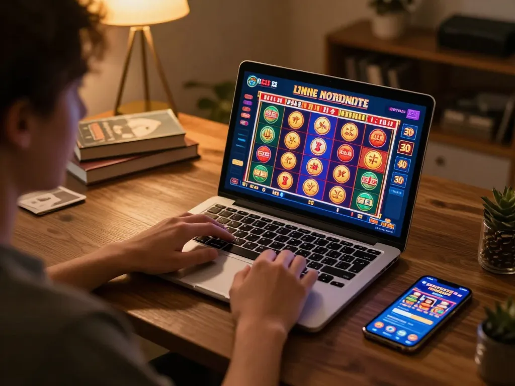 Using Free Credit No Deposit 30 while playing online slots on a laptop in a cozy home setting.