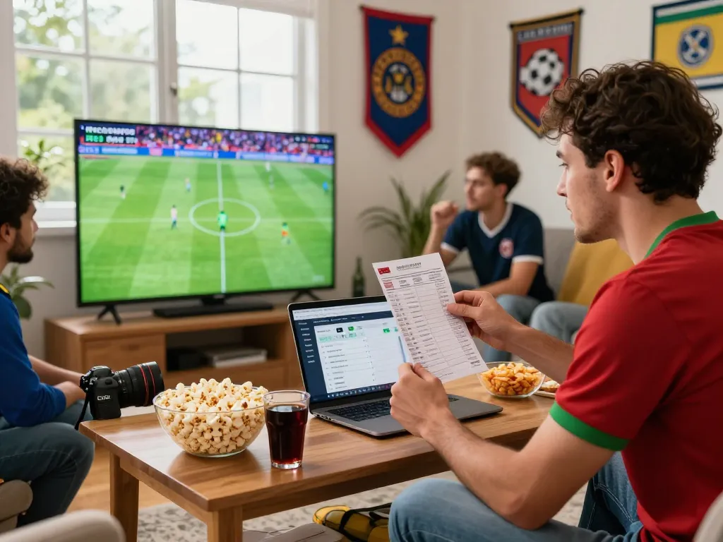 Kèo bóng đá live betting scene with fans celebrating a soccer match at home.