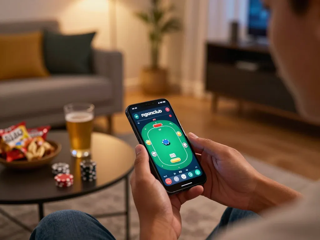 Ngonclub player engaging in exciting poker gameplay on mobile device in cozy home