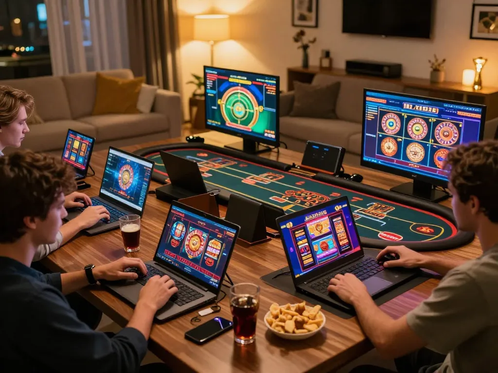 Players enjoying online casino games on SC88 platform, celebrating wins in a cozy home setting.