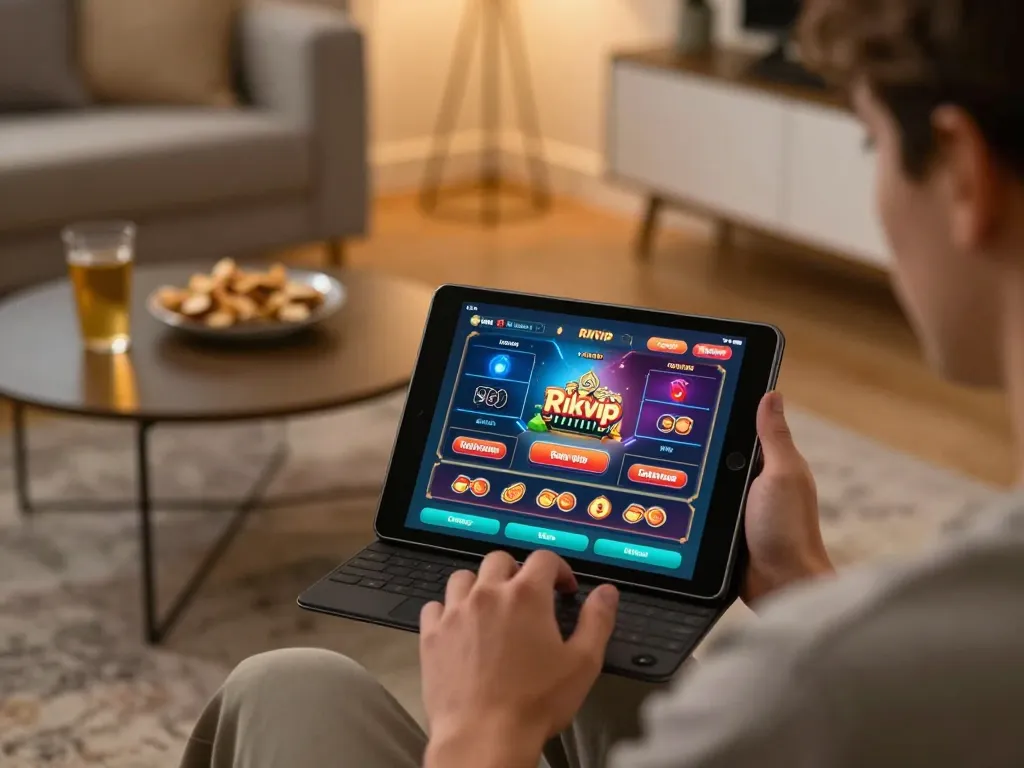 Player engaging with the Rikvip casino app on a tablet, showcasing online gambling strategy and excitement.