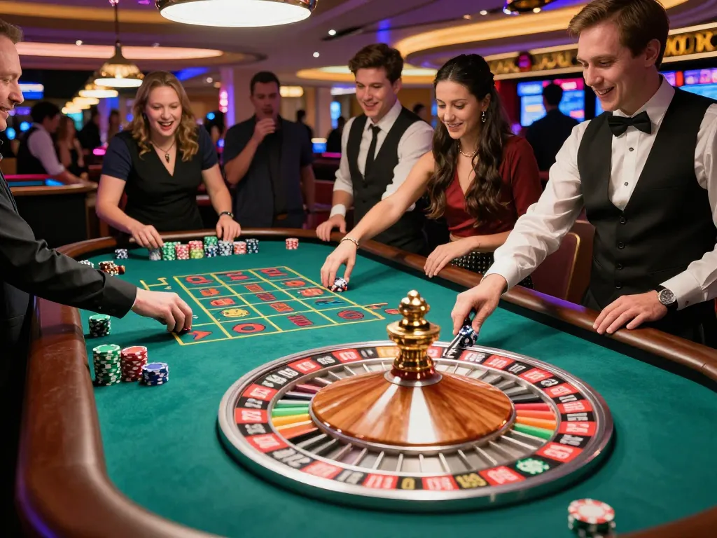 Players engaging at the roulette table in a vibrant casino, highlighting cm88-t1's exciting betting strategies.