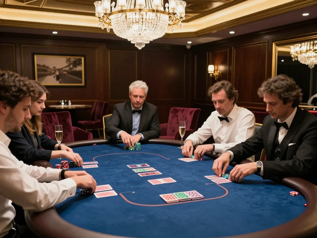 TR88 players strategizing in an upscale poker room surrounded by luxury decor