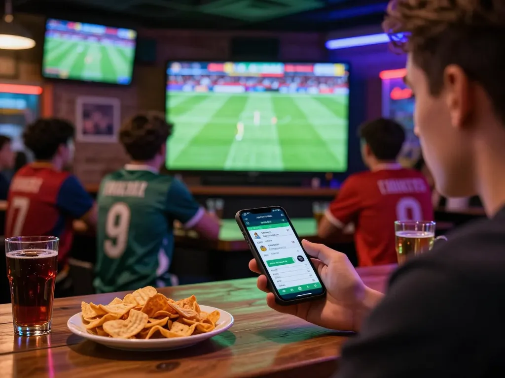 Socolive user placing sports bets while enjoying a live football match at a vibrant sports bar atmosphere.