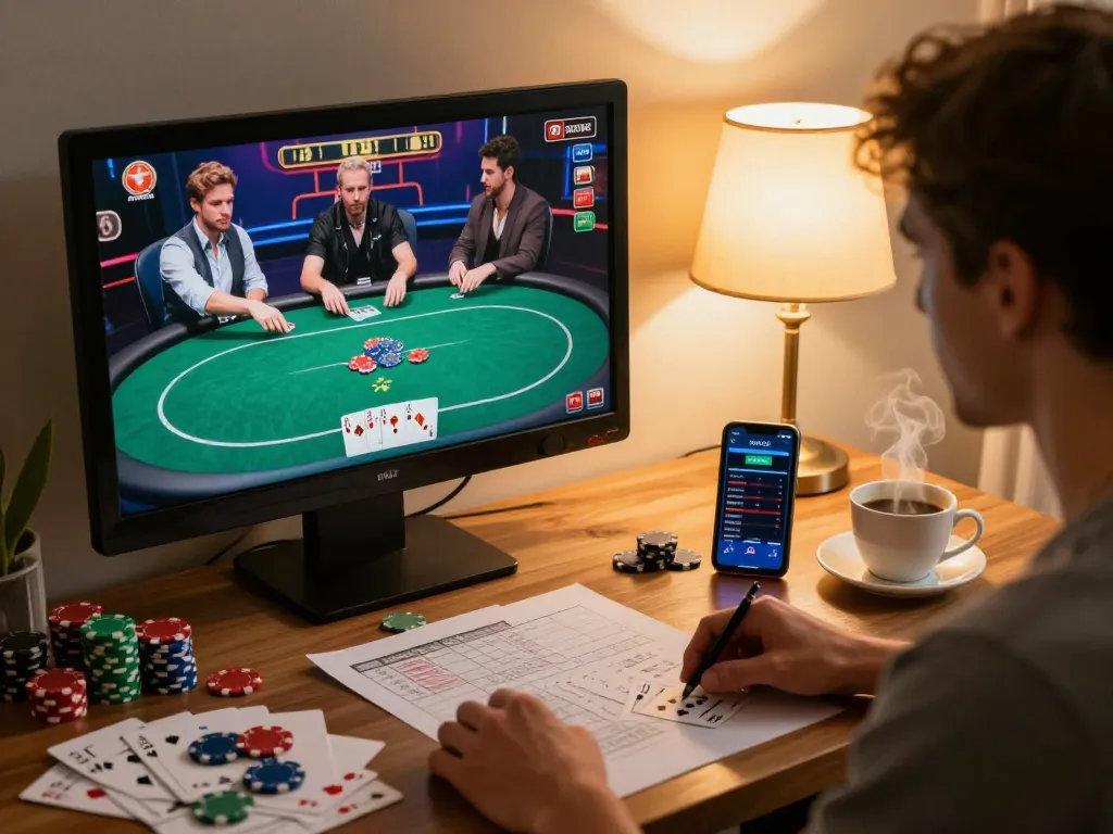 Alo789 player enjoying a strategic poker game on a tablet while tracking bets in a cozy home environment.
