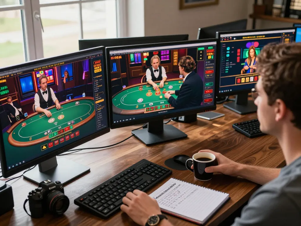 Engaging in online qq88 gaming strategies with multiple screens and notes at home.