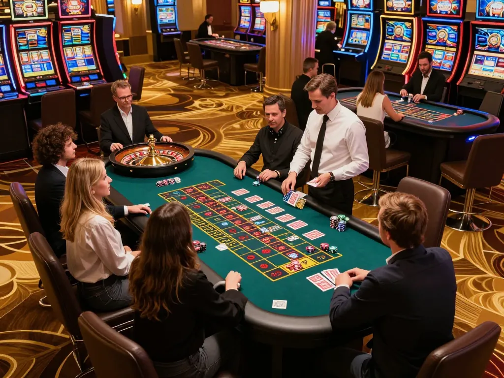 Players engaging at the roulette table on jmb88, watching the spinning wheel in an upscale casino.