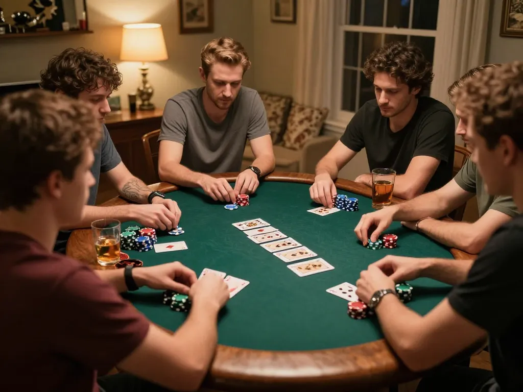 C168 nhà cái players engaging in an exciting home poker game atmosphere with chips and cards.