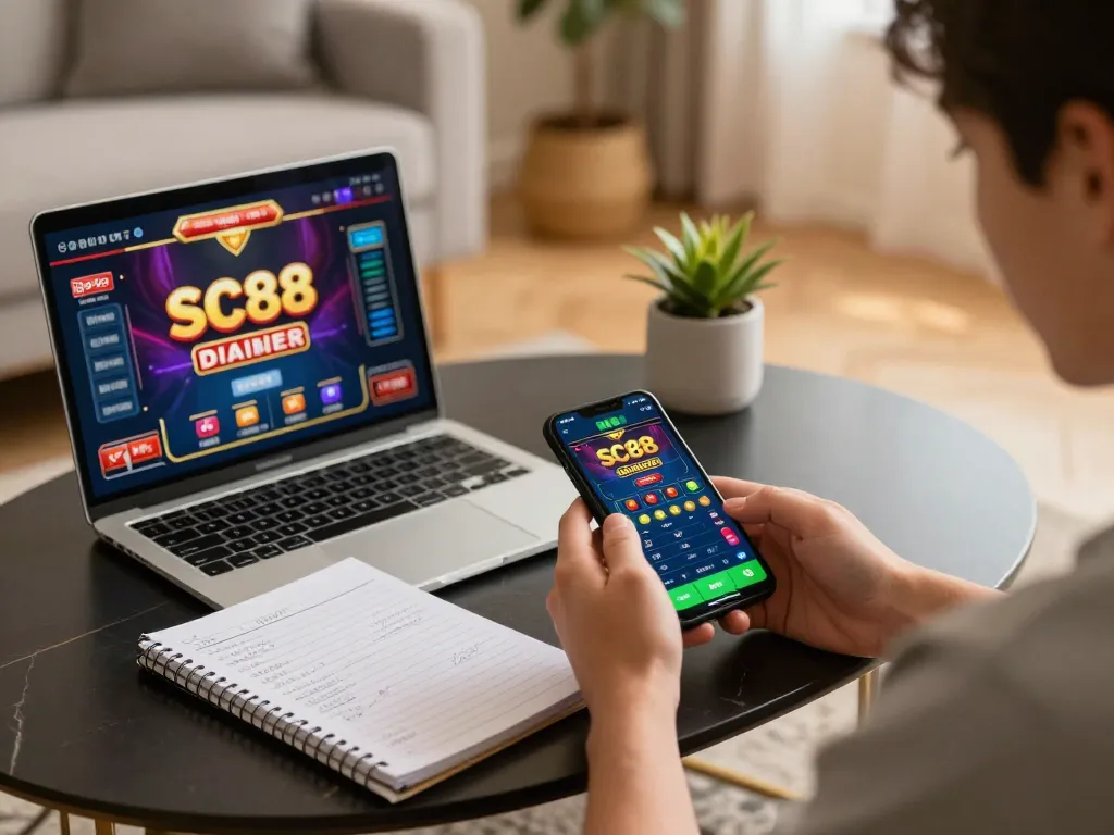 Engaged player exploring SC88 online casino app on smartphone, reflecting modern gaming experience.